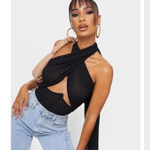 PLT Black Chiffon halter Corset Detail Bodysuit